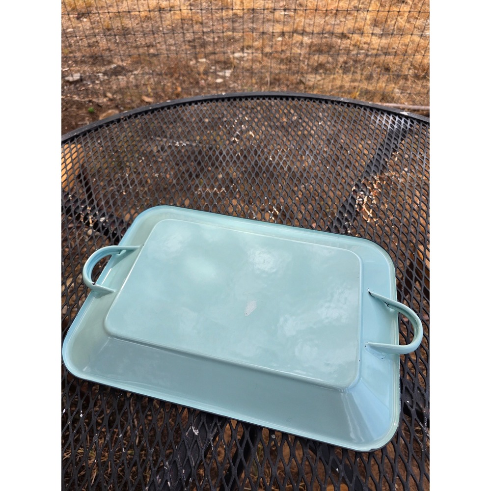 Turquoise Blue Enamelware Serving Tray Rectangular Platter Handles Black Rim - Picture 6 of 6